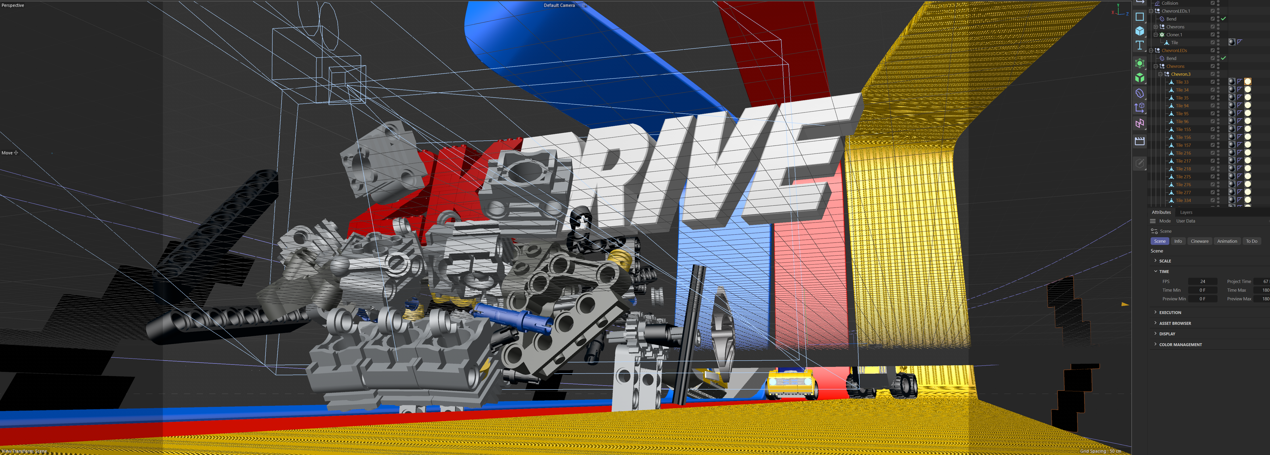 Cinema 4D viewport of LEGO Drive wipe scene